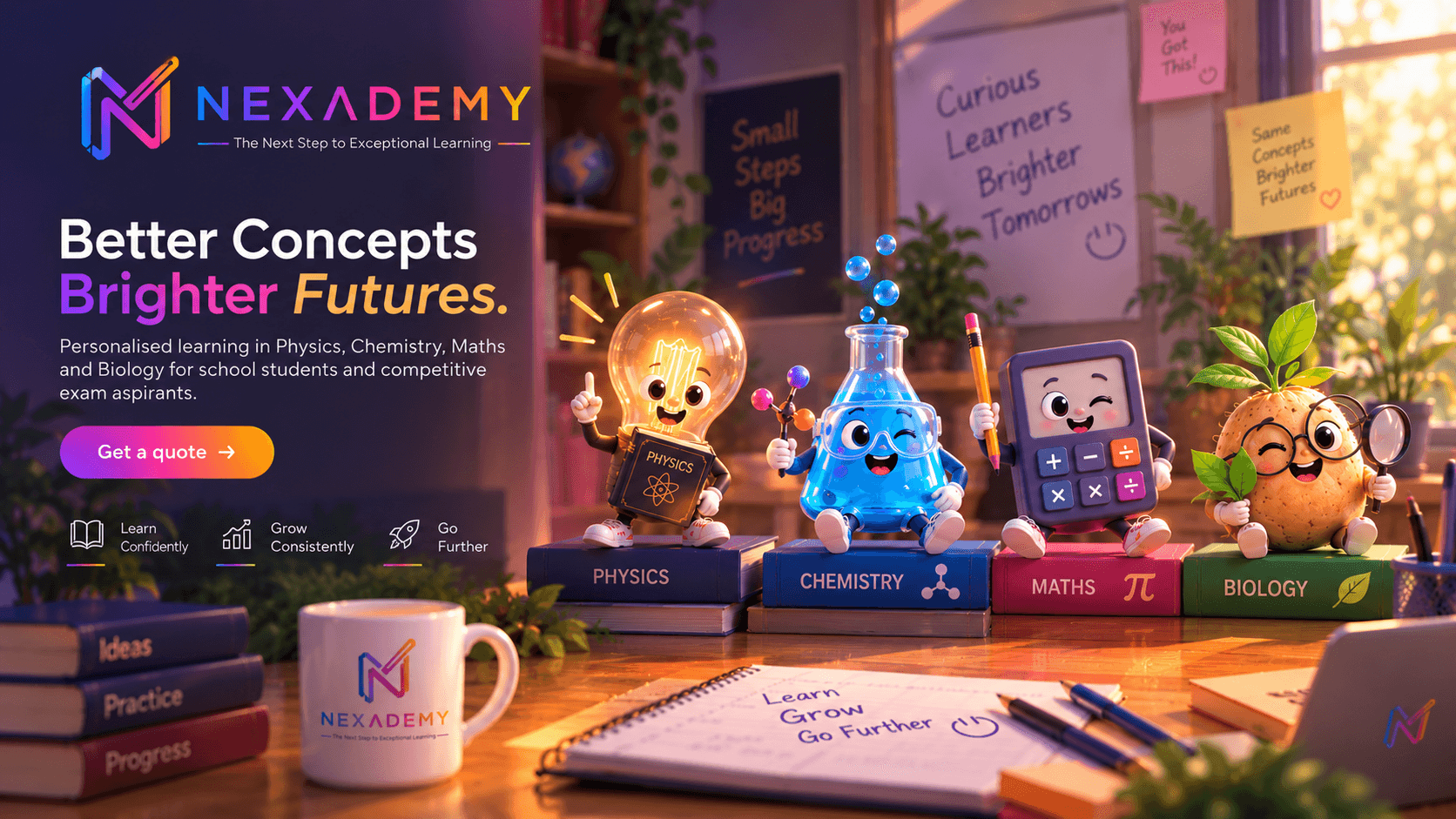 Nexademy's Physics, Chemistry, Maths and Biology mascot characters seated on stacked subject books at a cosy study desk